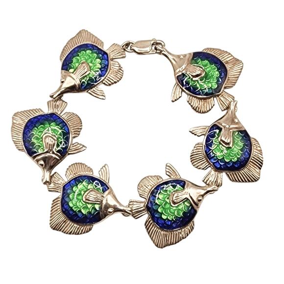 Kabana Sterling Silver Fish Bracelet Blue Green Enamel Guilloche 1980s USA - Picture 1 of 5